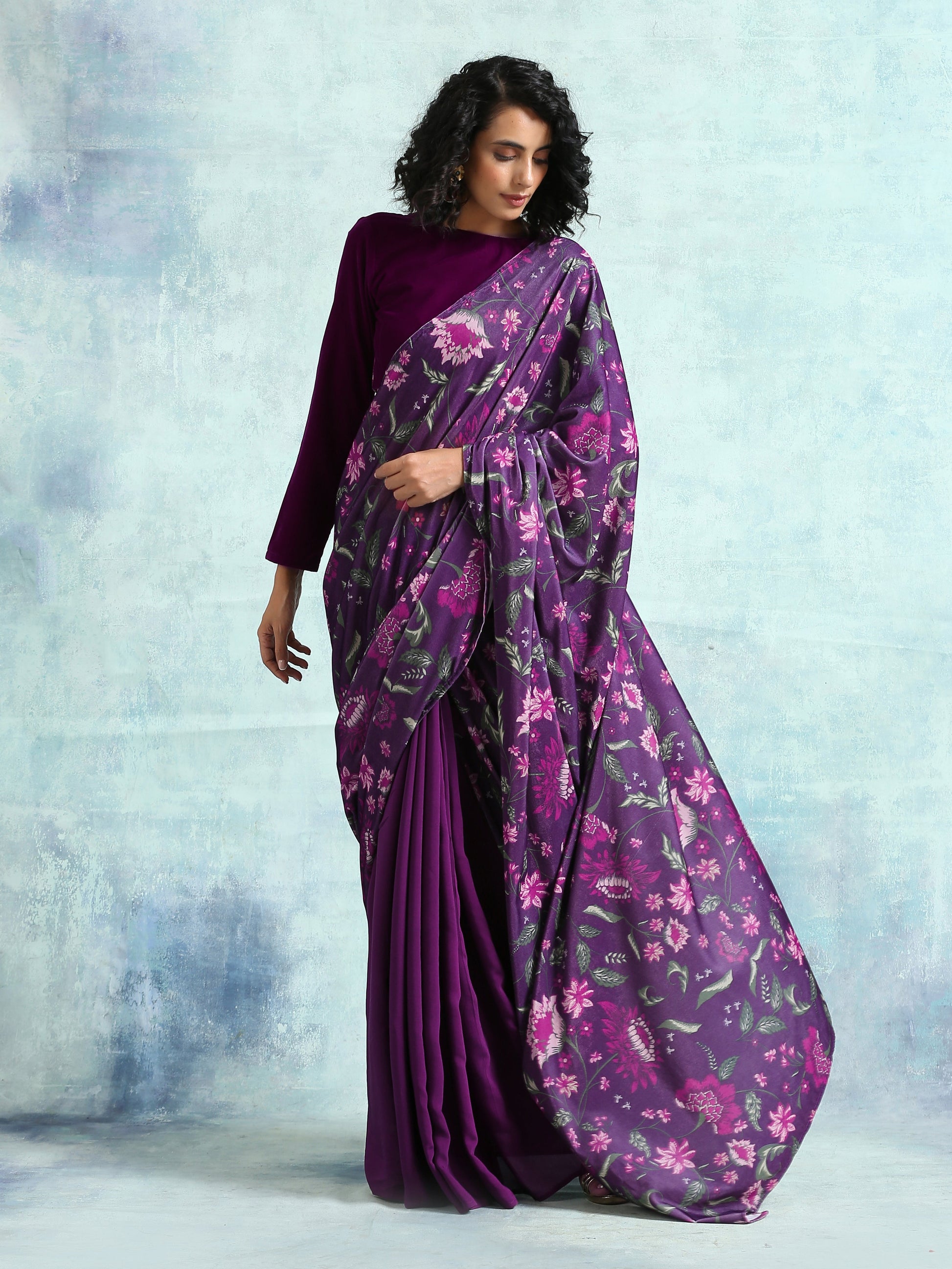 trueBrowns Wine Printed Velvet Ready to Wear Saree | Swadesiicart