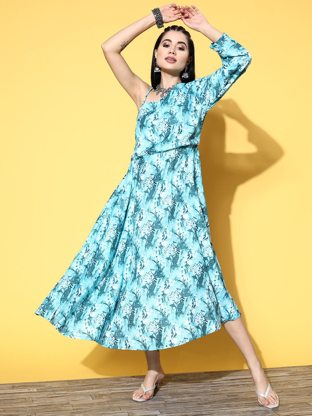 InWeave Women's Sea Blue One Shoulder Rayon Dress - Swadesiicart