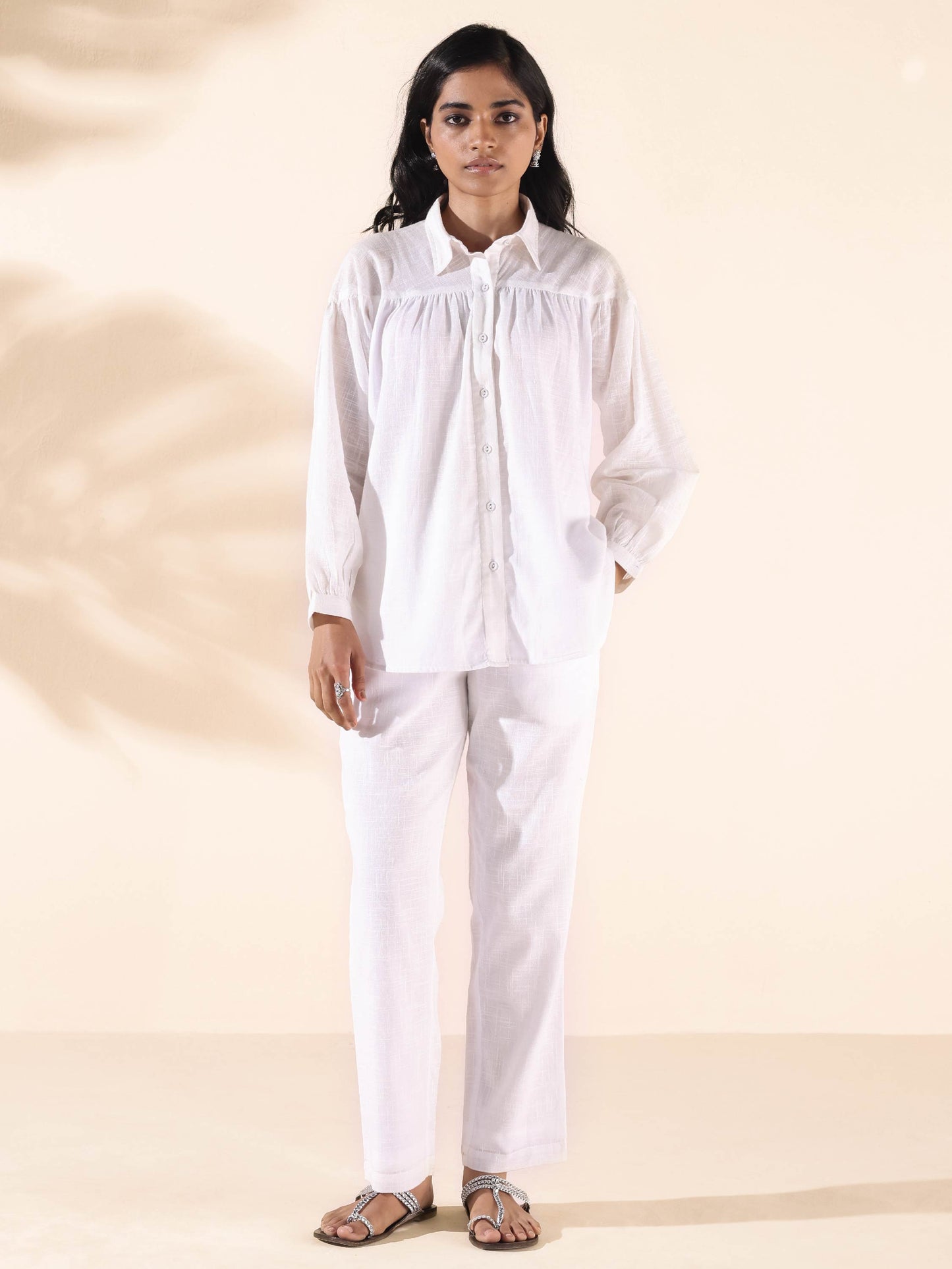 trueBrowns White Cotton Shirt Co-ord Set - Swadesiicart