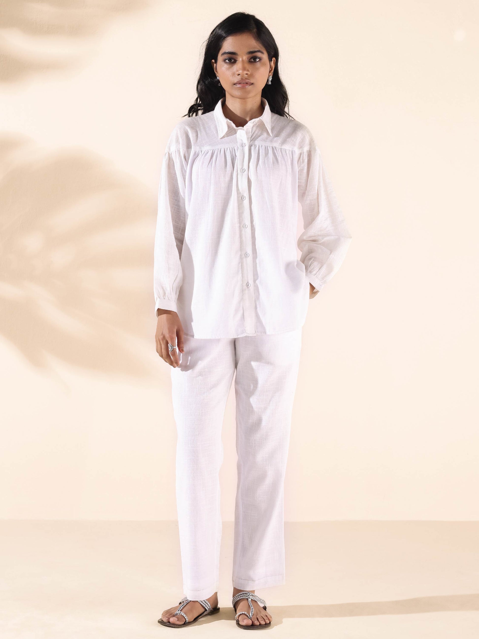 trueBrowns White Cotton Shirt Co-ord Set - Swadesiicart