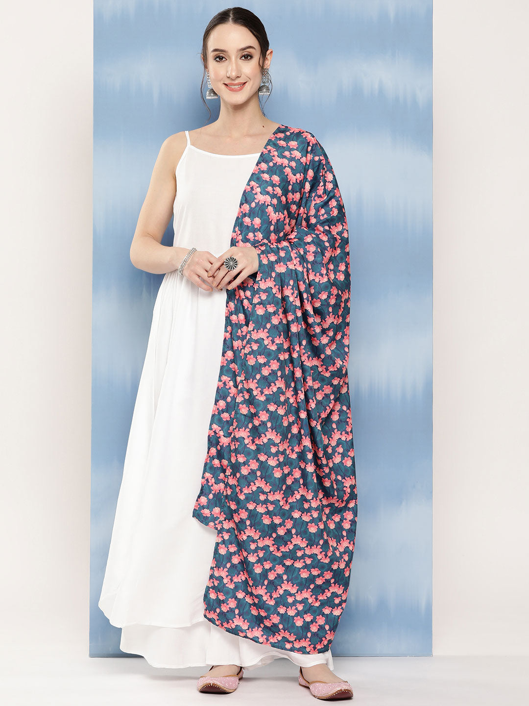 InWeave Women's White Strappy Set With Navy Pink Lotus Cr Dupatta - Swadesiicart