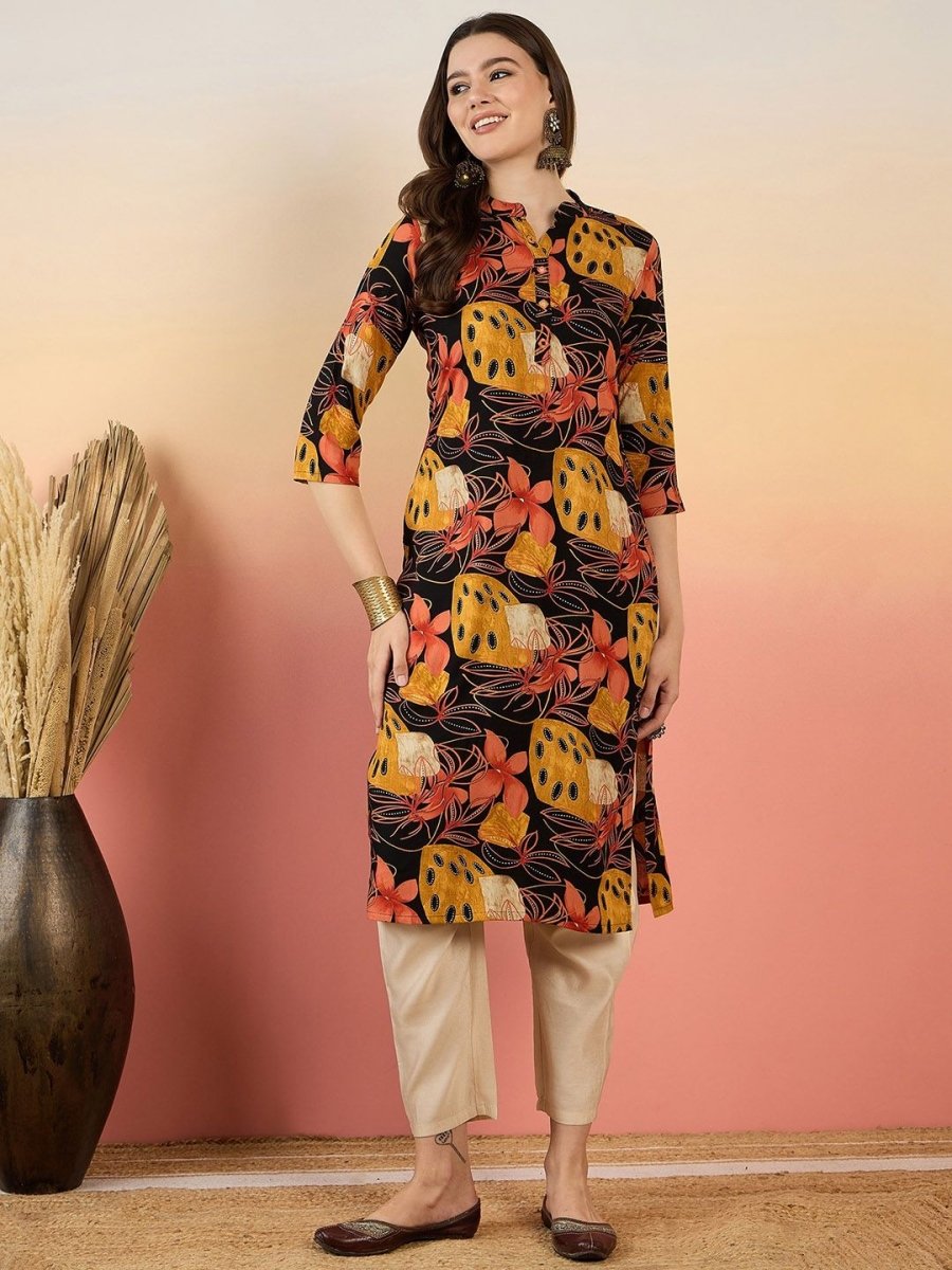 Anouk Floral Printed Mandarin Collar Straight Kurta - Swadesiicart