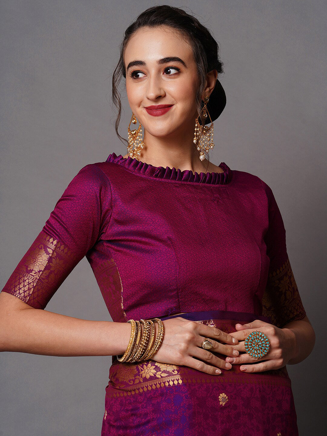 Mitera Magenta & Purple Woven Design Silk Blend Banarasi Saree | Swadesiicart