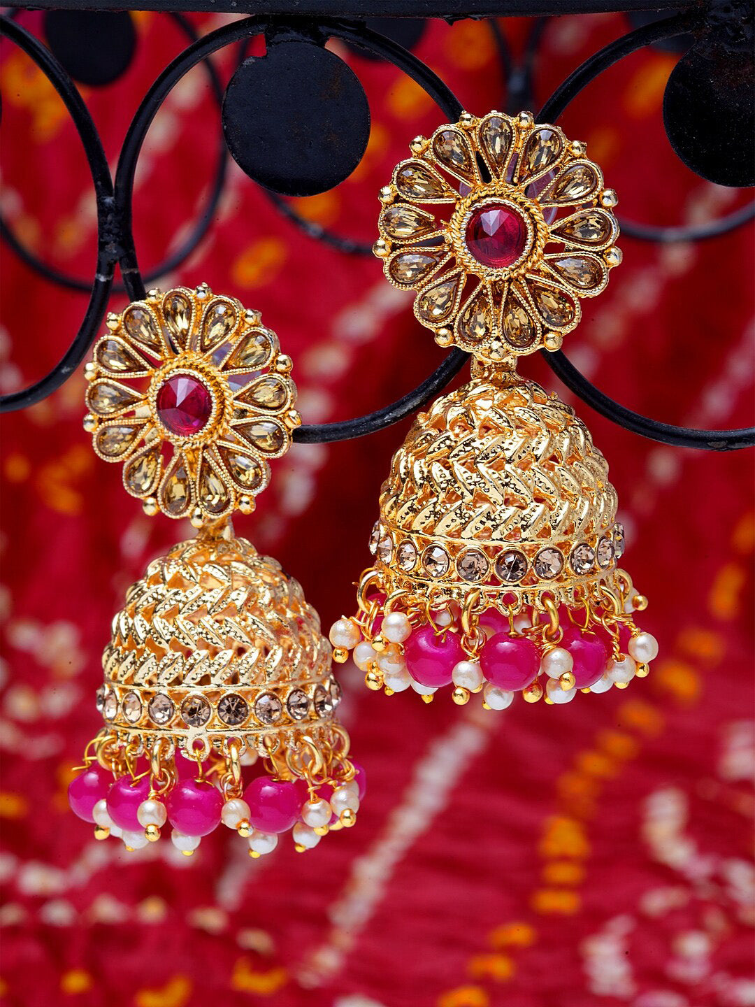 Shining Diva Gold-Polished Pink Dome Shaped Jhumkas | Swadesiicart