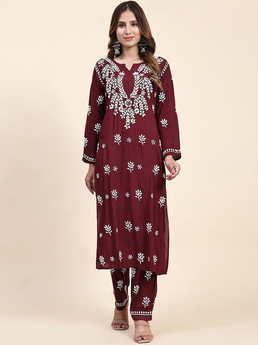 HOUSE OF KARI Floral Embroidered Chikankari Pure Cotton Straight Kurta With Trousers | Swadesiicart