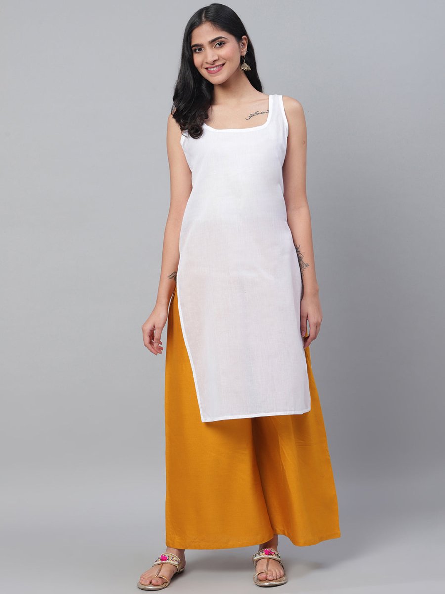 ADA Women White Chikankari Hand Embroidered Semi-Sheer Straight Kota Handloom Kurta | Swadesiicart