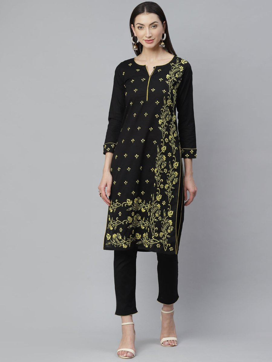ADA Women Black & Yellow Chikankari Hand Embroidered Sustainable Handloom Kurta with Trousers | Swadesiicart