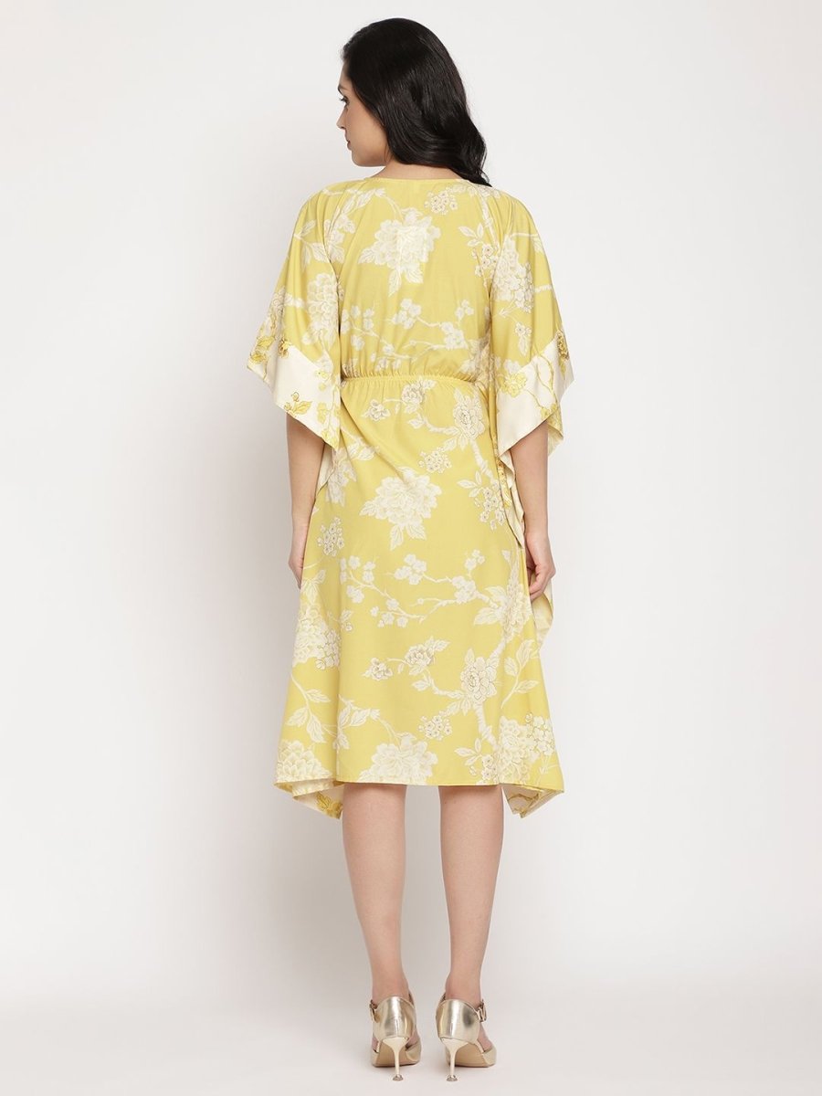 Ahalyaa Women Lime Green & Off White Floral Printed Flared Sleeves Floral Kaftan Kurta | Swadesiicart