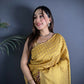 Joban Fashion Golden Yellow Banarasi Soft Lichi Silk Checks & Woven Saree | Swadesiicart