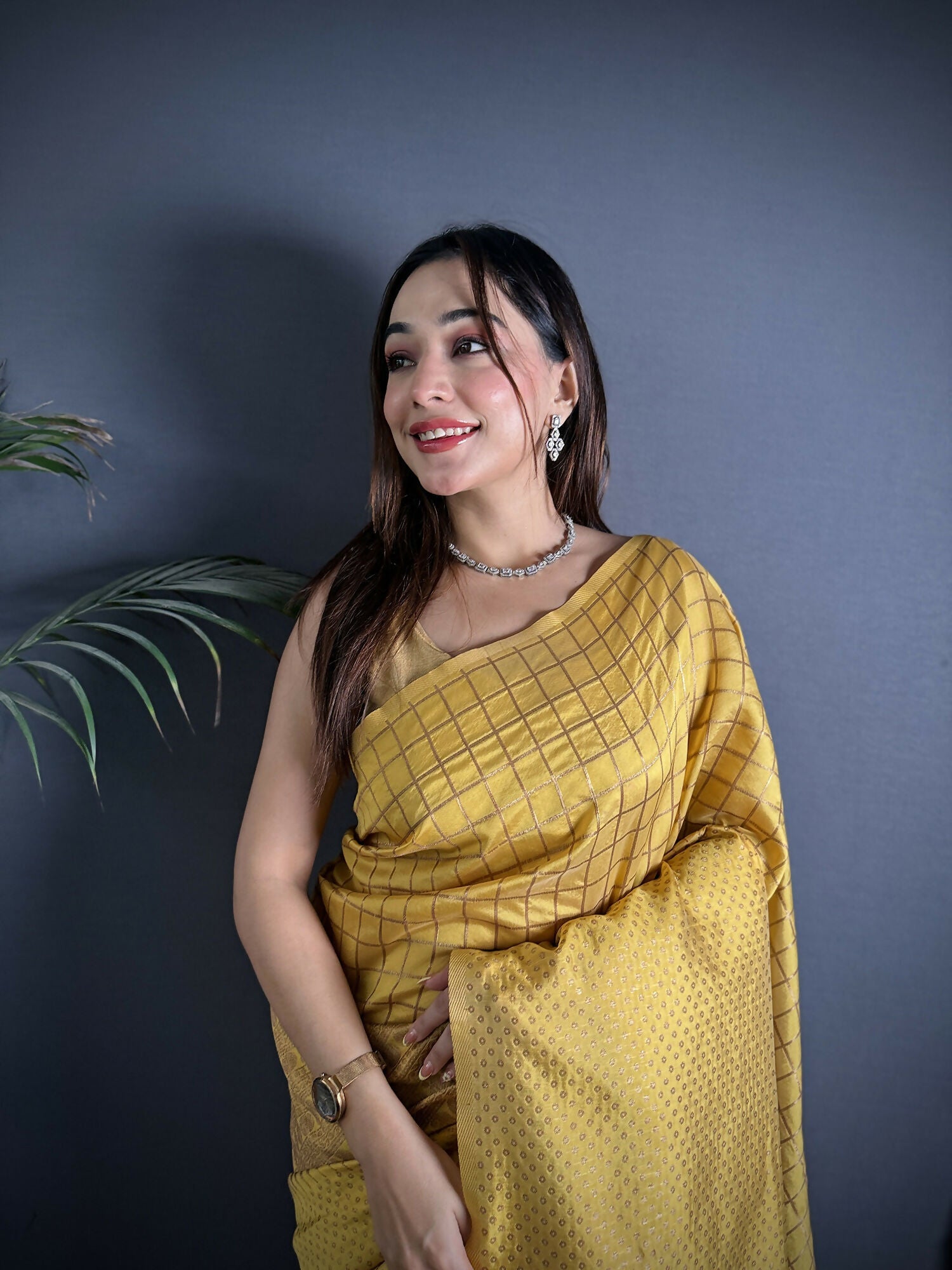 Joban Fashion Golden Yellow Banarasi Soft Lichi Silk Checks & Woven Saree | Swadesiicart