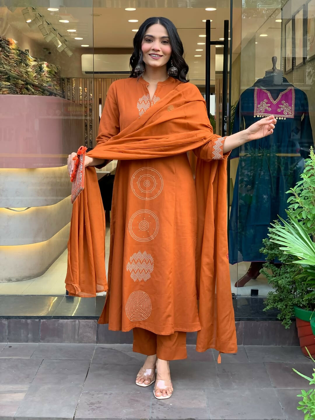 The52 Orange Women's Gorgeous Chanderi Fabric Embroidered Work Straight Kurta Pant and Dupatta Set - Swadesiicart