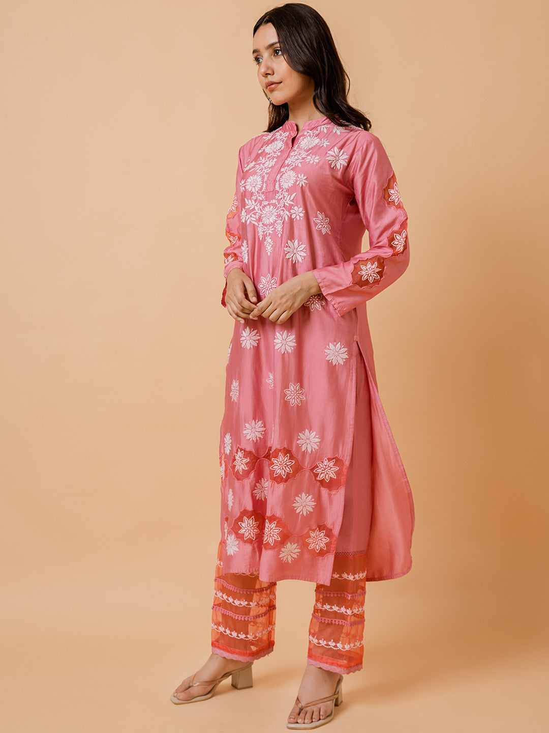 HOUSE OF KARI Ethnic Motifs Embroidered Chikankari Straight Chanderi Silk Kurta | Swadesiicart