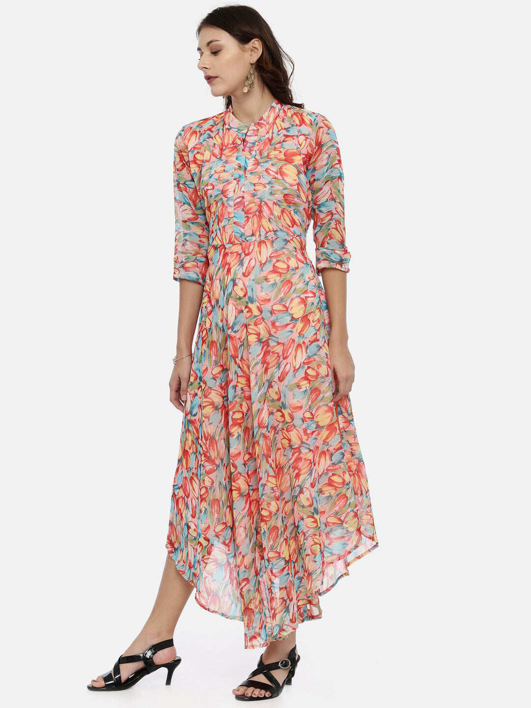 Souchii Floral Chiffon Midi Dress - Swadesiicart