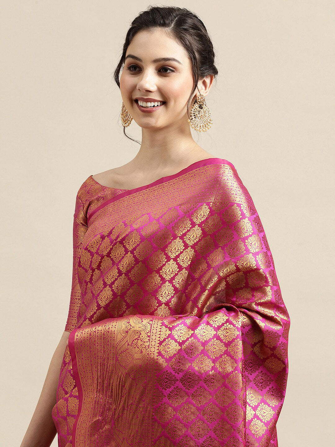 Saree Mall Pink & Gold-Toned Woven Design Zari Silk Blend Banarasi Saree | Swadesiicart