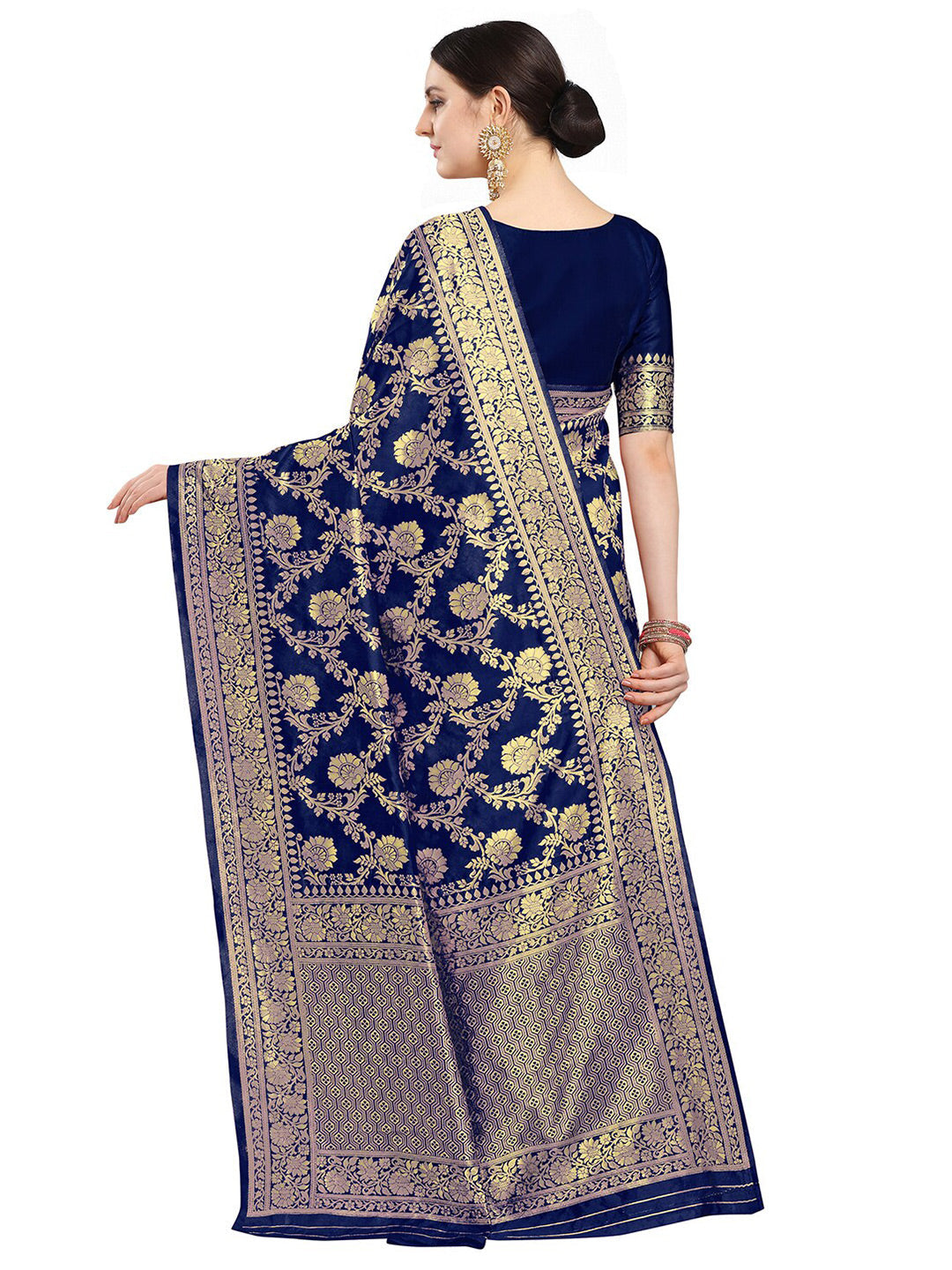 Kalini Navy Blue & Gold-Toned Woven Design Zari Silk Blend Fusion Banarasi Saree | Swadesiicart