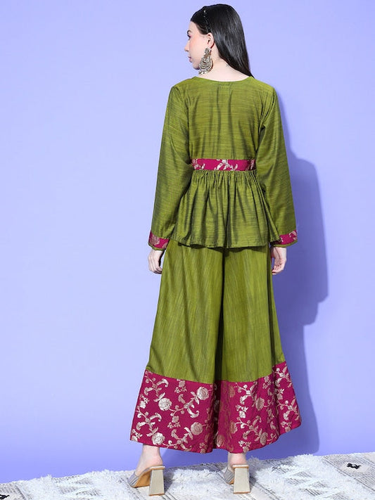 InWeave Women's Olive Wine Brocade Mughal Shaan Kurta Palazzo Set - Swadesiicart