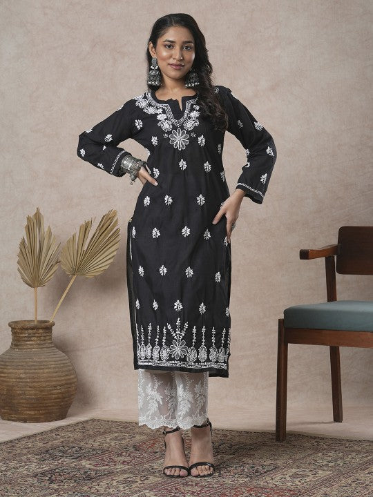 ADA Women Sustainable Black & White Paisley Chikankari Hand Embroidered Straight Kurta | Swadesiicart