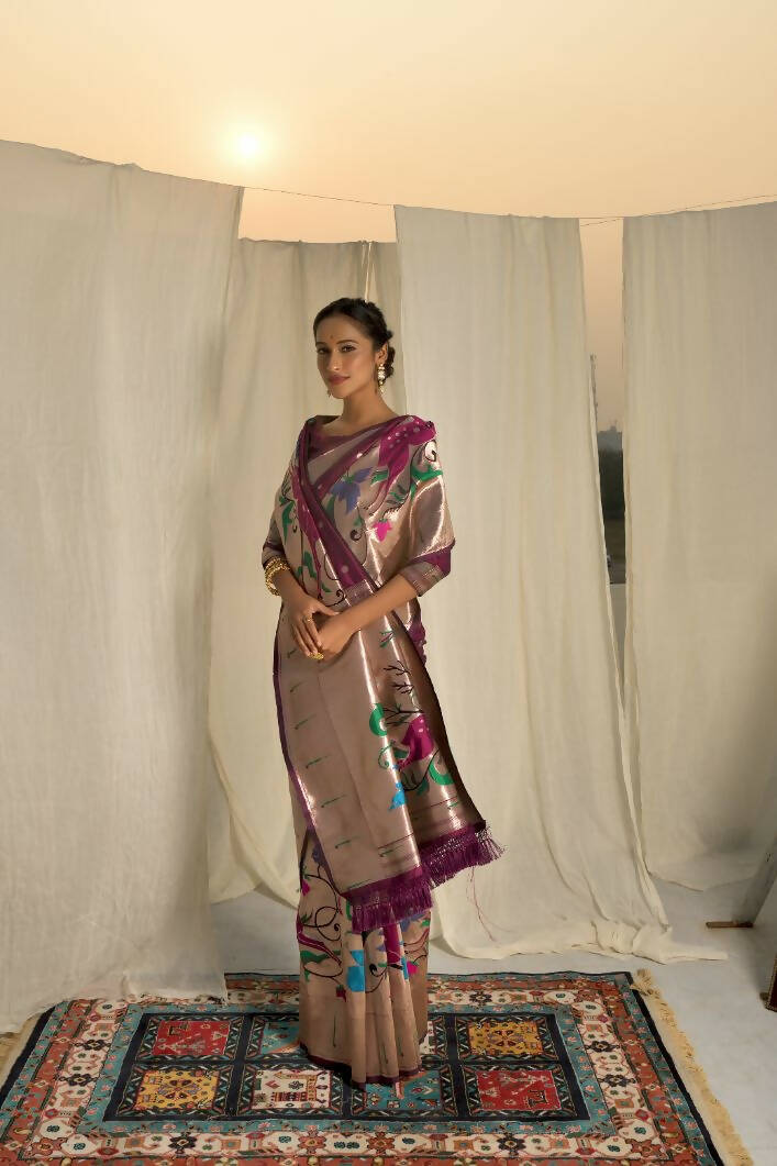 Vishnu Weaves Women's Wine Paithani Silk Zari Woven Saree with Unstitched Blouse - Swadesiicart
