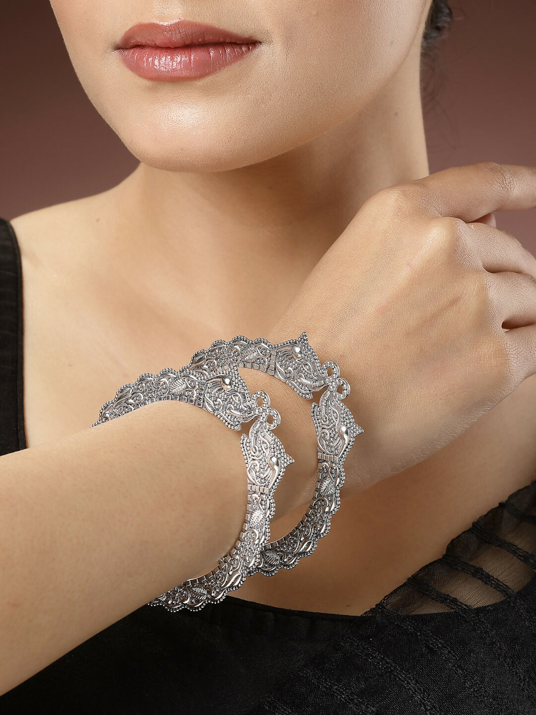 NVR Women's Set of 2 Silver-Toned German Silve Oxidised Elephant Design Handcrafted Bangles - NR Retail-NVR