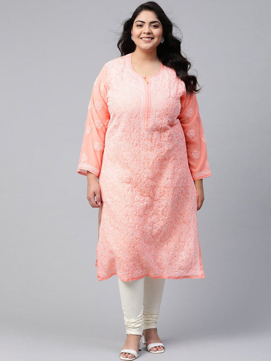 ADA Ada Women Plus Size Peach-Coloured & White Ethnic Motifs Chikankari Georgette Handloom Kurta | Swadesiicart