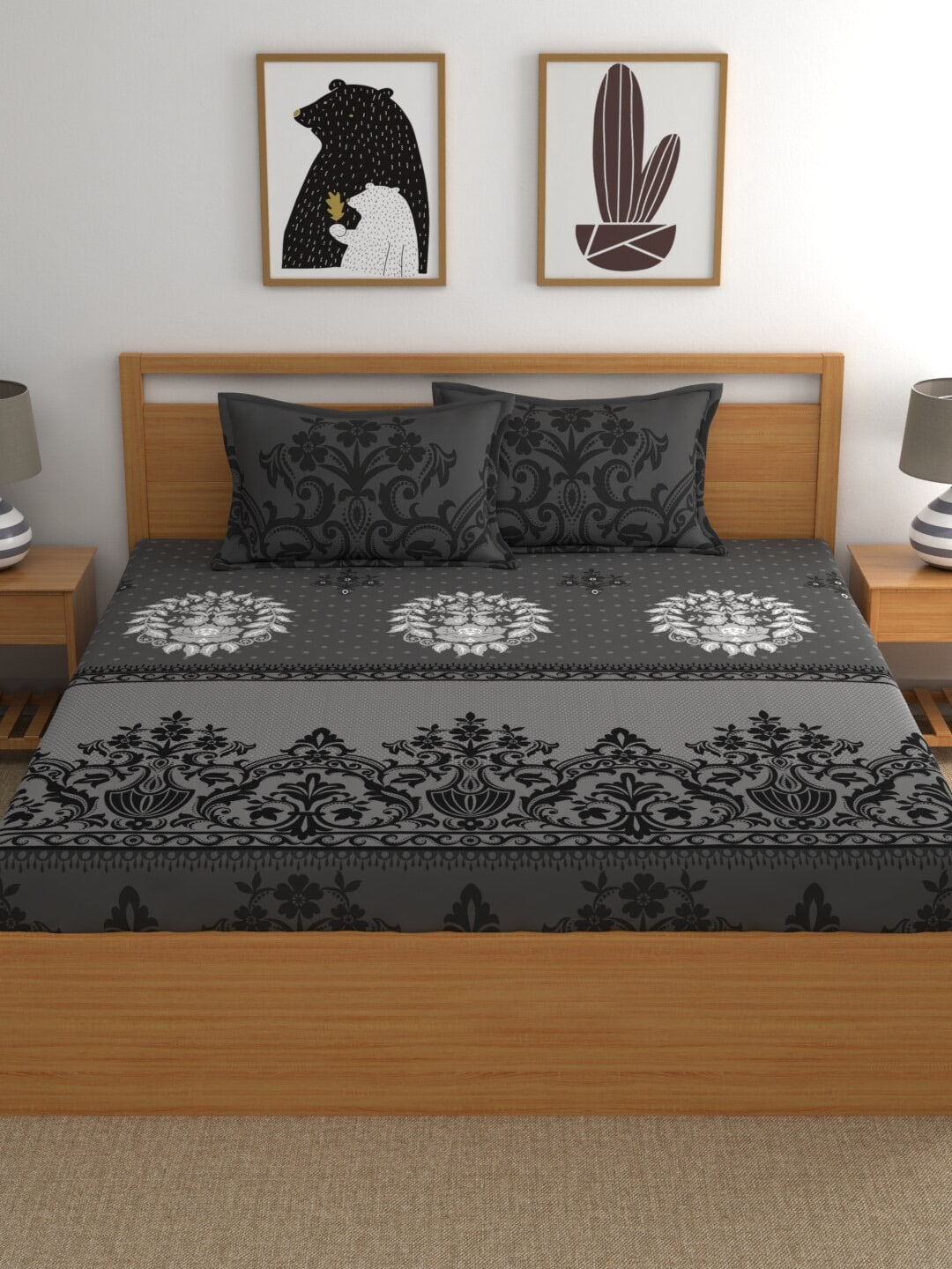 Dreamscape Grey & White Ethnic Motifs 144 TC Queen Bedsheet with 2 Pillow Covers - Swadesiicart