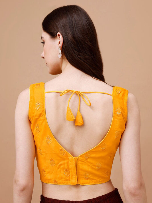 Tikhi Imli Ethnic Motifs Embroidered Sequinned Sleeveless Dupion Saree Blouse | Swadesiicart