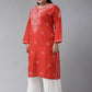 ADA Women Plus Size Red & White Ethnic Motifs Pure Cotton Chikankari Embroidered Kurta | Swadesiicart