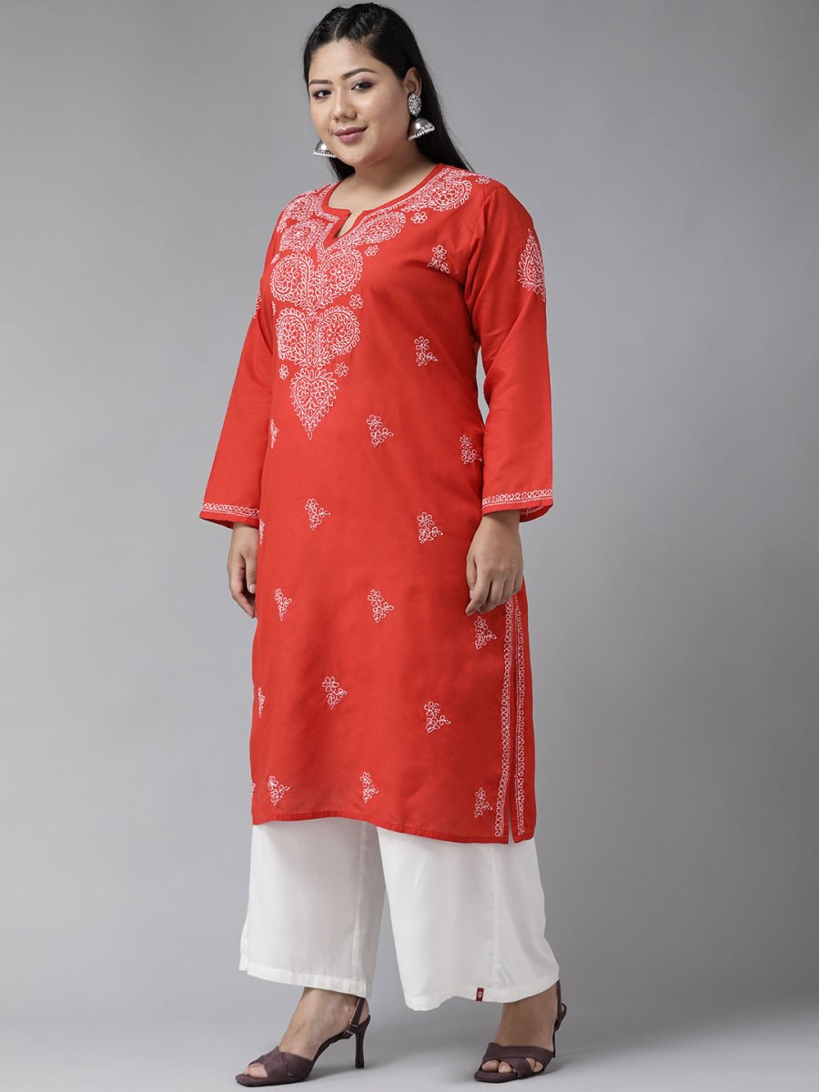 ADA Women Plus Size Red & White Ethnic Motifs Pure Cotton Chikankari Embroidered Kurta | Swadesiicart