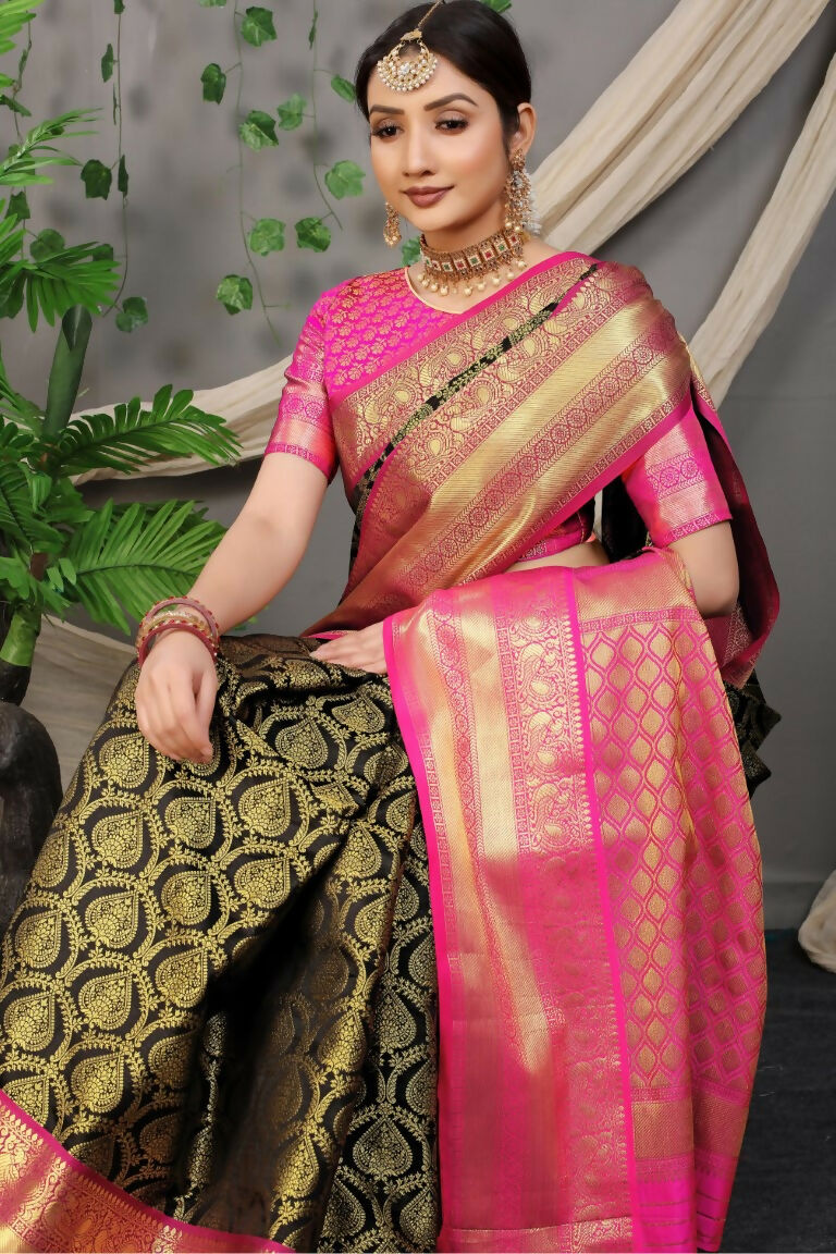 Jyoti Fashion Women's Black Kanjivaram Silk Zari Woven Saree with Blouse | Swadesiicart