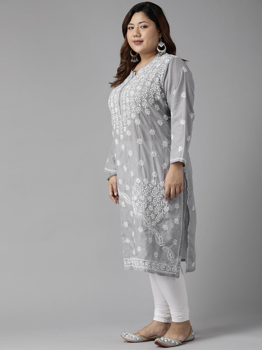 ADA Women Plus Size Grey Floral Embroidered Chikankari Kurta | Swadesiicart