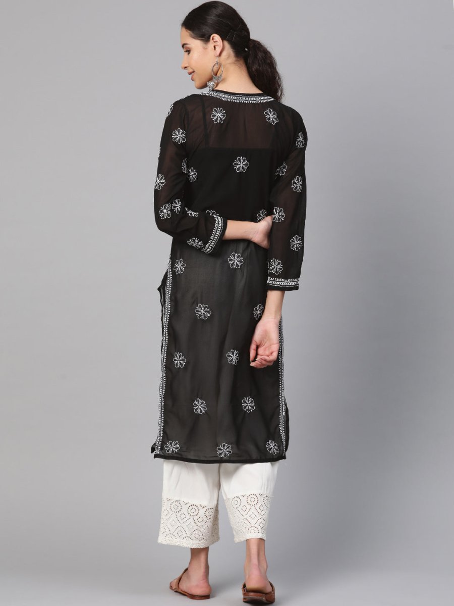 ADA Women Black & White Chikankari Hand Embroidered Semi-Sheer Straight Sustainable Handloom Kurta | Swadesiicart