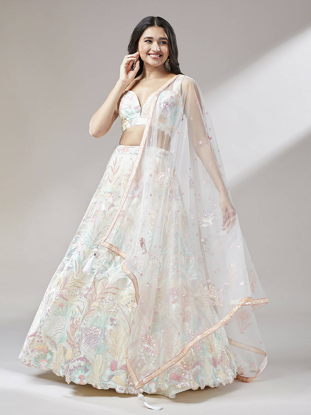 House of Panchhi Cream Net Sequinse Work Lehenga & Blouse with Dupatta | Swadesiicart