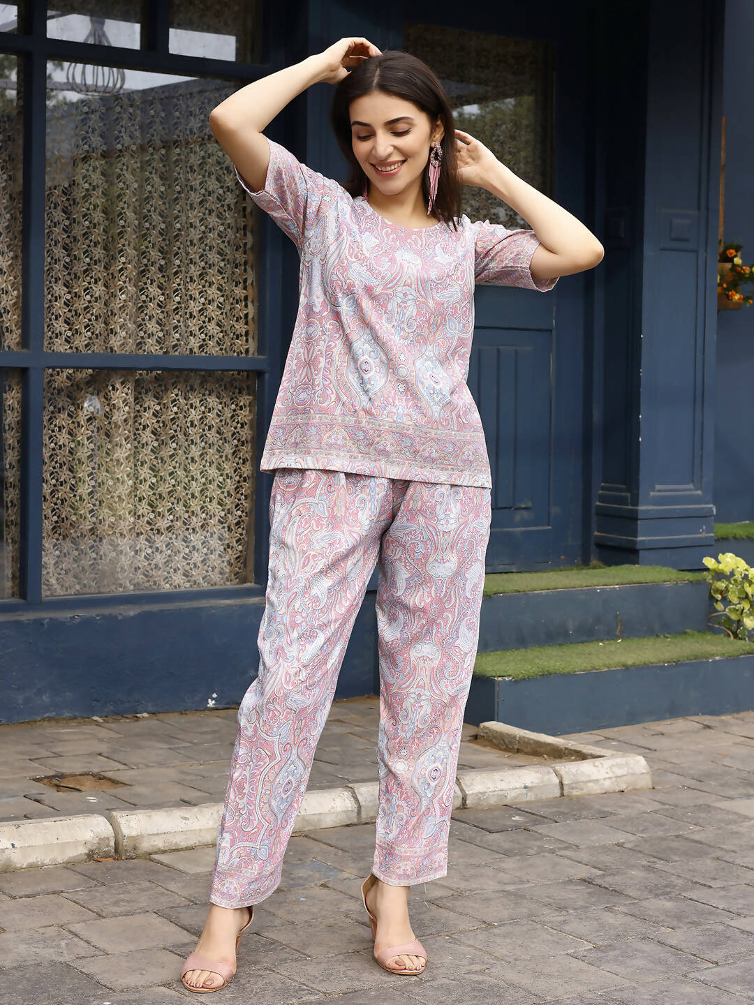 Pink Rayon Paisley Printed Top with Matching Bottom - Eesha - Swadesiicart