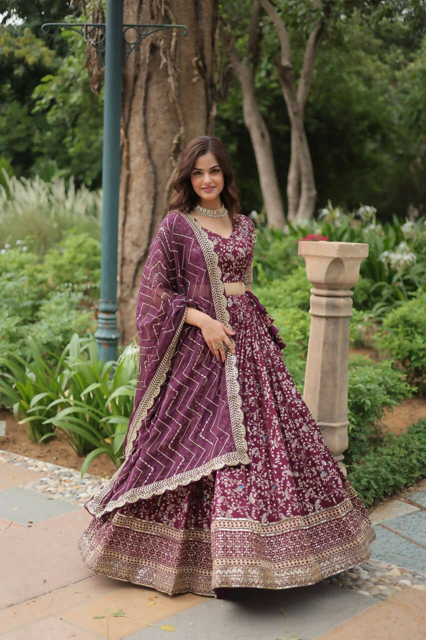 Lorenvalley Wine Pure Viscose Jacquard with Golden Embroidered Sequins work Lehenga Choli | Swadesiicart