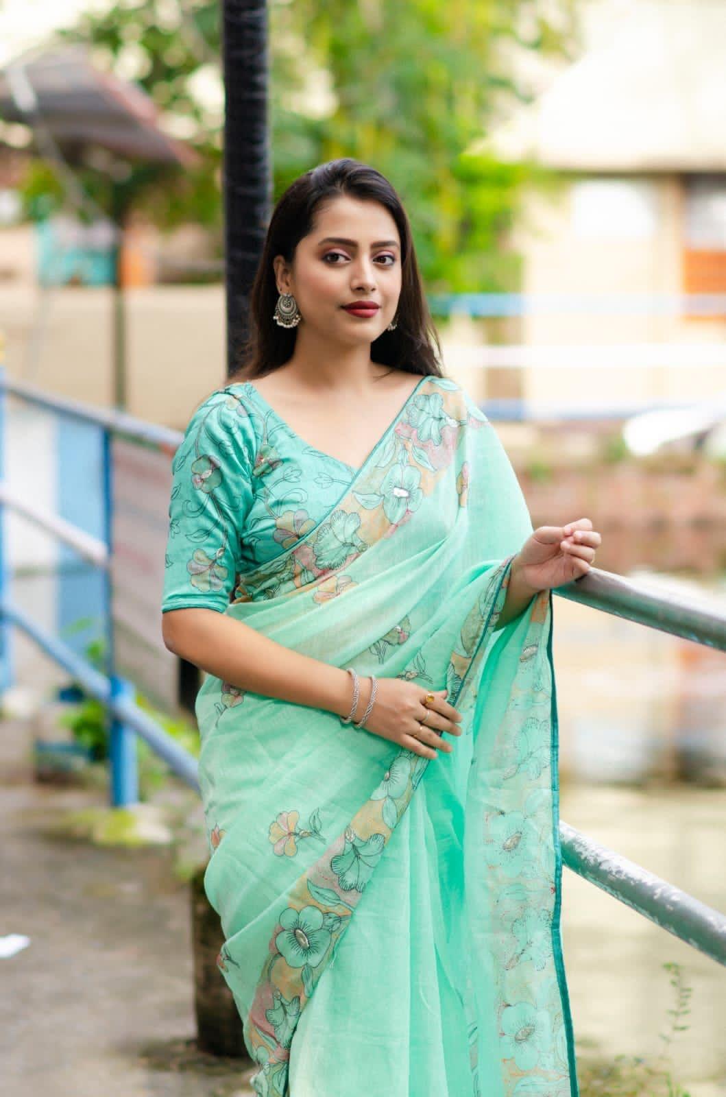 SeaGreen Pure Linen Ethnic Motifs Saree with Unstitched Blouse - Hiral Fashion | Swadesiicart