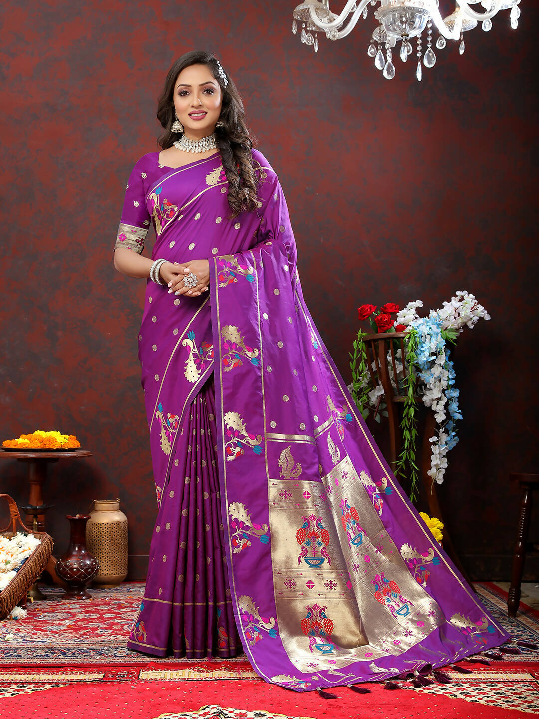 Lorenvalley Fashion Wine Soft Paithani Silk Woven Design Gold Zari Meenakari Weaving Saree - Swadesiicart