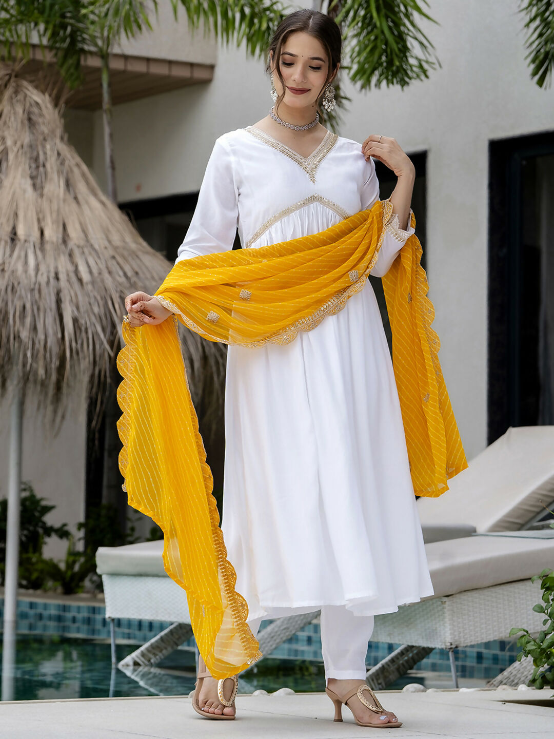 The52 White Women's Gorgeous Embroidered Chanderi Fabric Straight Kurta, Pant and Dupatta Set - Swadesiicart