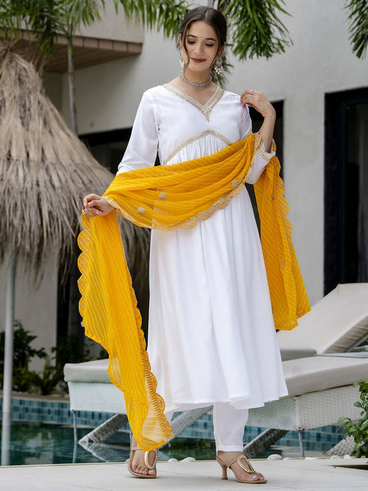 The52 White Women's Gorgeous Embroidered Chanderi Fabric Straight Kurta, Pant and Dupatta Set - Swadesiicart