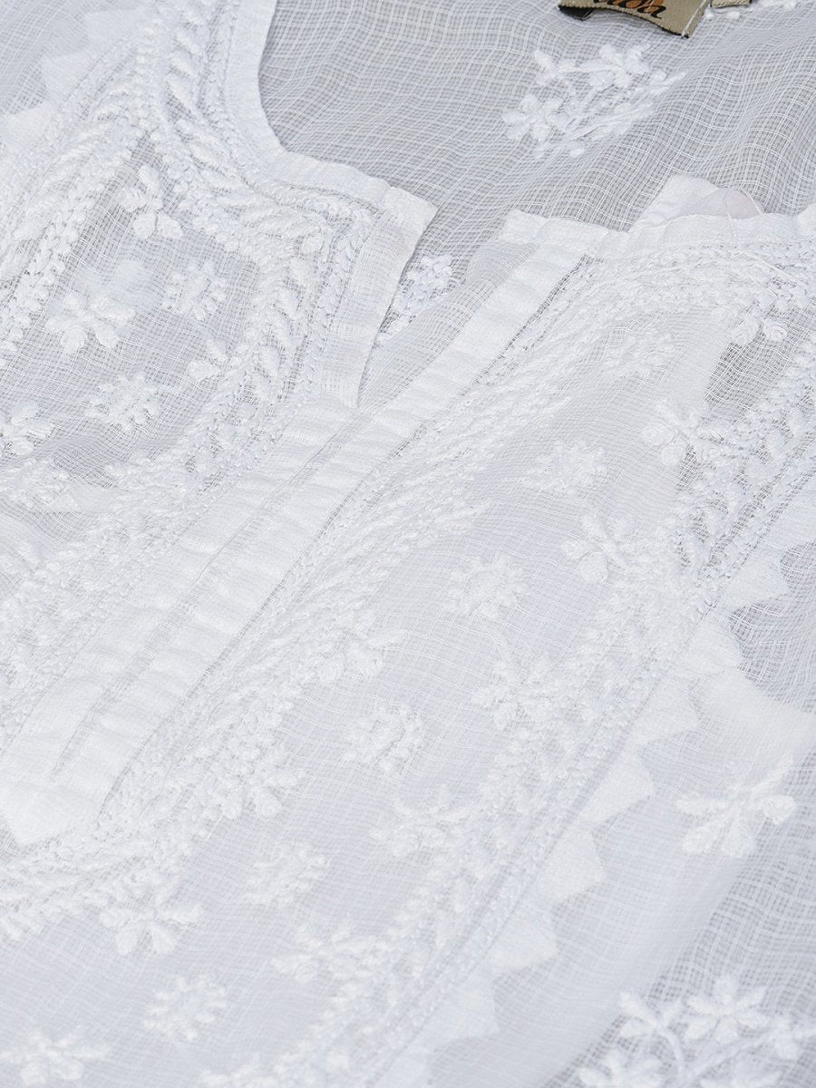 ADA Women White Chikankari Hand Embroidered Semi-Sheer Straight Kota Handloom Kurta | Swadesiicart
