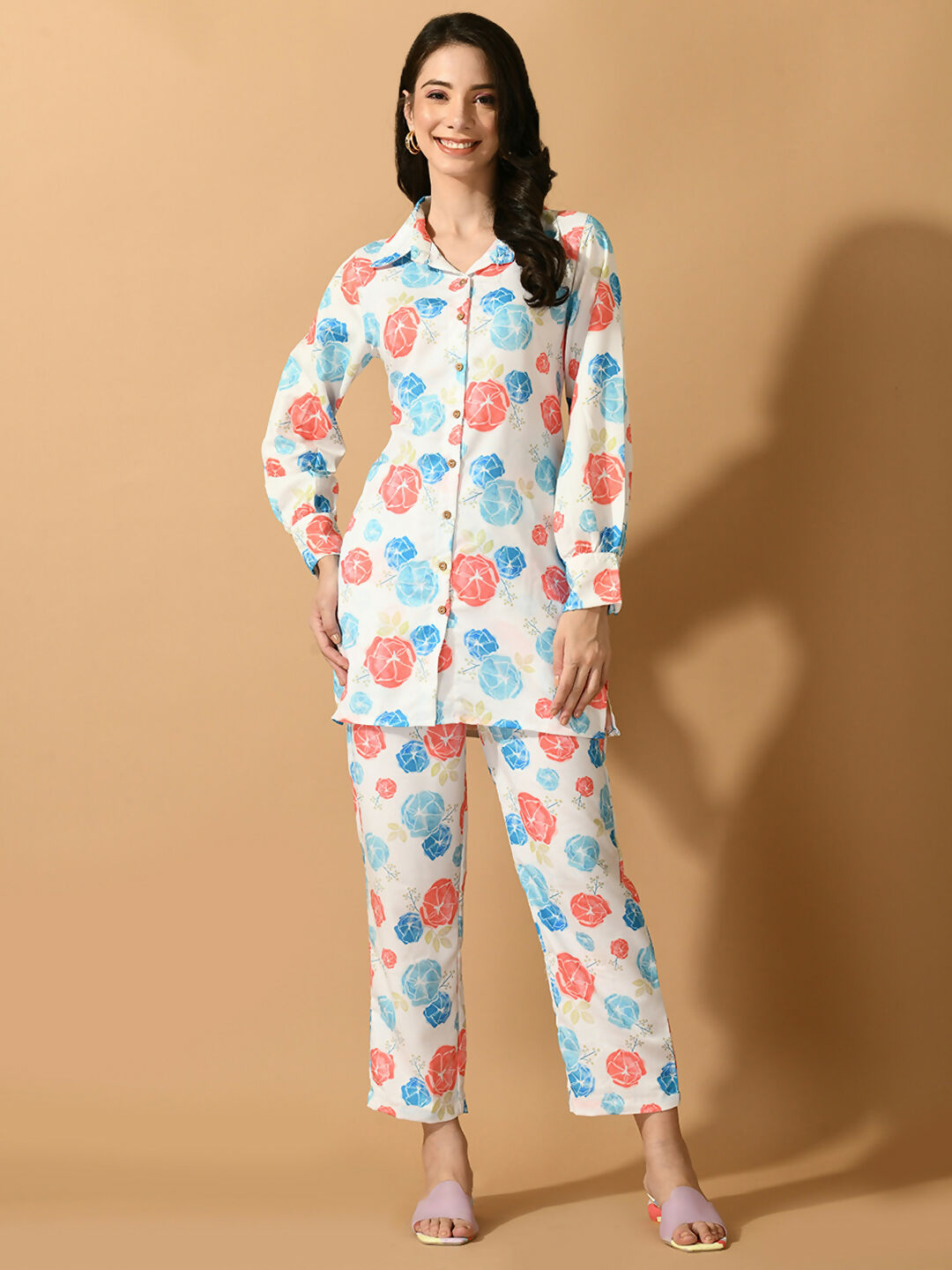 Myshka Women's White Printed Shirt With Trousers - Swadesiicart