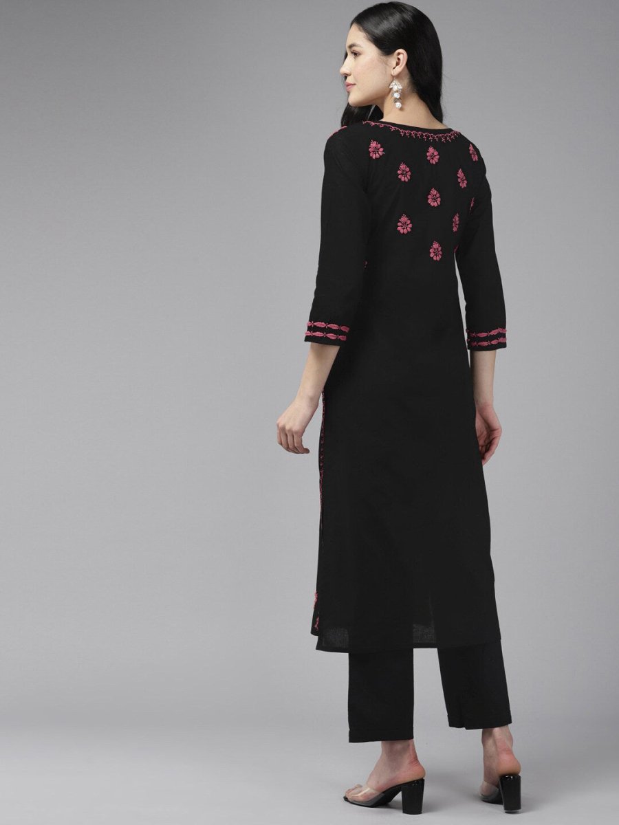 ADA Ethnic Motifs Embroidered Round Neck Chikankari Cotton Kurta | Swadesiicart