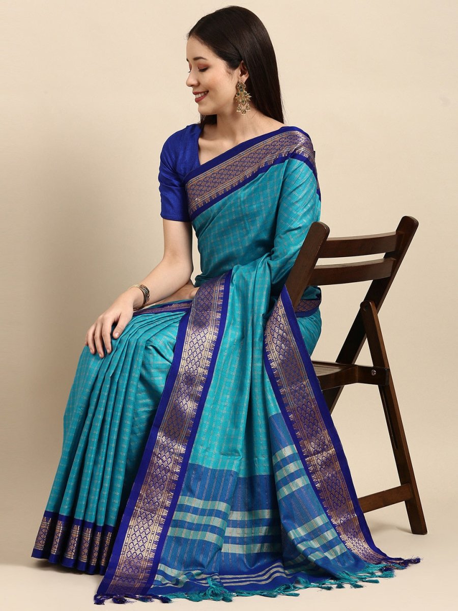 Anouk Blue & Gold-Toned Woven Design Pure Silk Banarasi Saree | Swadesiicart