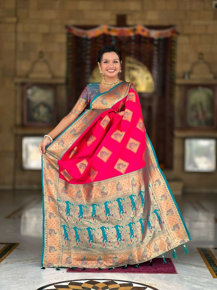 PR Fashion Rani Pink Soft Banarasi Silk With Zari Weaving Meenakari Design Saree | Swadesiicart
