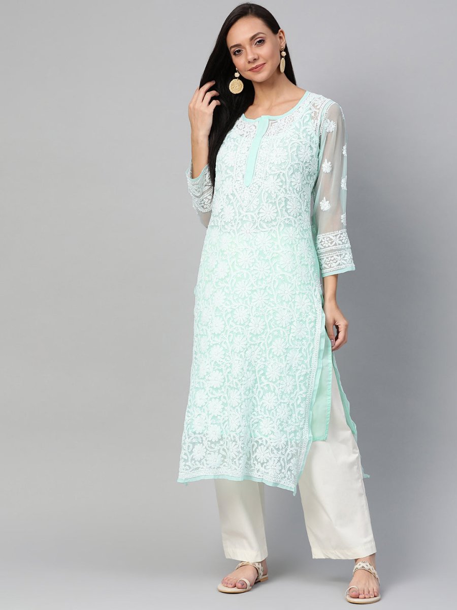 ADA Women Sea Green & White Chikankari Hand Embroidered Straight Sustainable Handloom Kurta | Swadesiicart