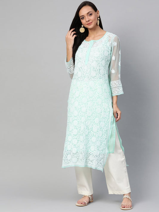 ADA Women Sea Green & White Chikankari Hand Embroidered Straight Sustainable Handloom Kurta | Swadesiicart