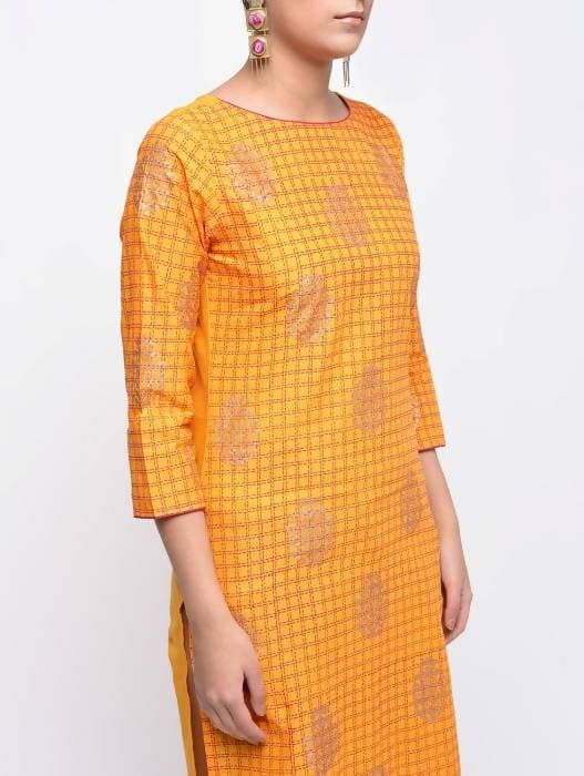 Aniyah Cotton Block Printed Yellow Straight Kurta (AN-137K) - Swadesiicart