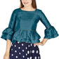 Aastha Fashion Women's Teal Art Silk Bell Sleeves attire with Poly Cotton Lining Blouse