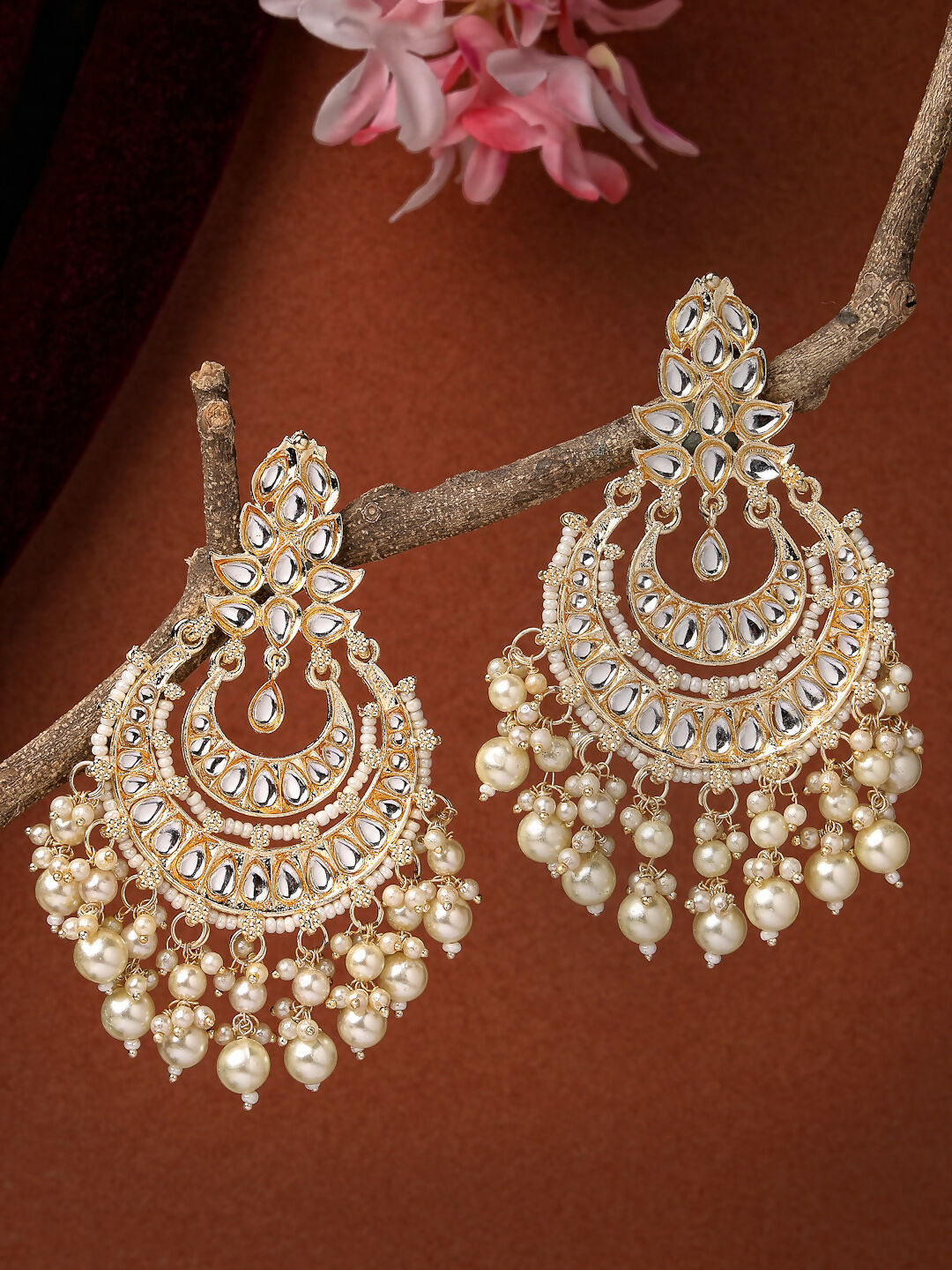 NVR Women Gold-Polished Kundan Chandbali Earrings | Swadesiicart