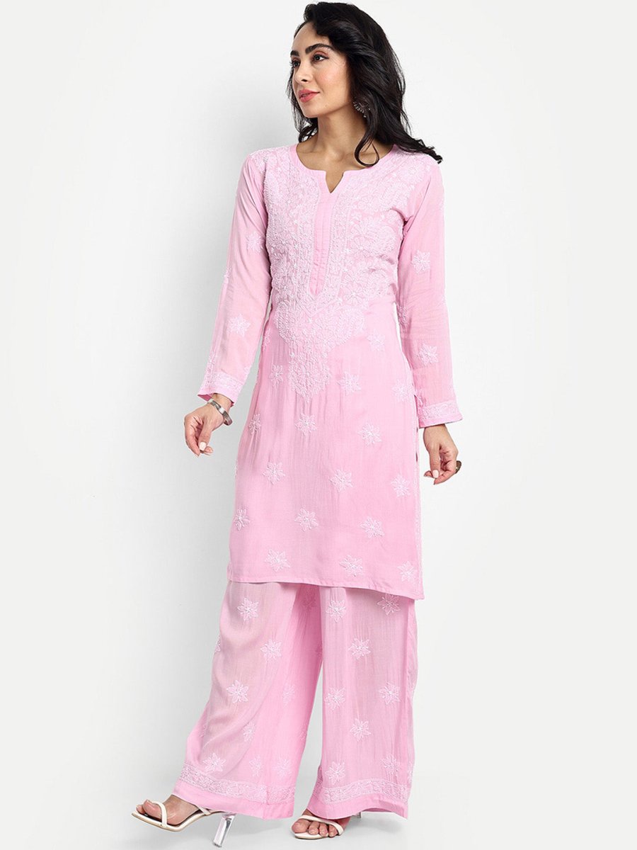 ADA Floral Embroidered Round Neck Long Sleeve Regular Chikankari Kurta With Palazzos | Swadesiicart