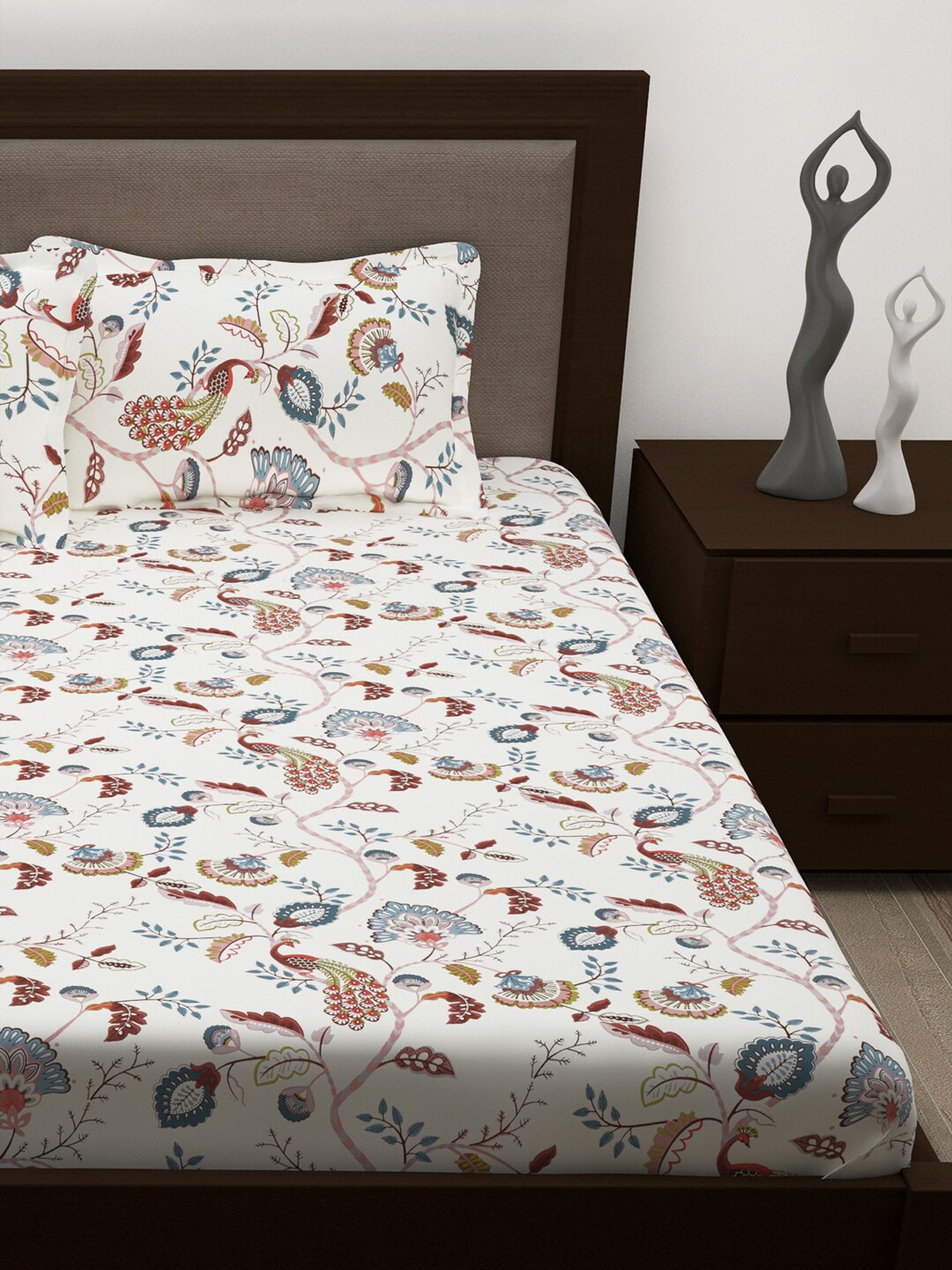Story@home White & Yellow Ethnic Motifs Cotton 186 TC Queen Bedsheet With 2 Pillow Covers - Swadesiicart